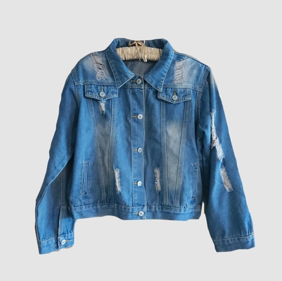 Y2k Distressed Blue Denim Jacket Punk Grunge Cowgirl Western Size M - Picture 2 of 6